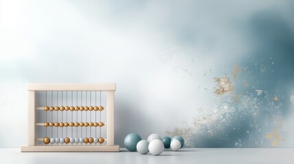 A serene still life featuring an abacus and decorative spheres against a soft blue wall, evoking calmness and simplicity.