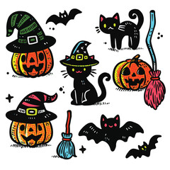 Whimsical Hand-Drawn Halloween Doodles with Halftone Effect Black Cats Pumpkins and Witch Hats