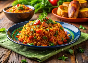 Festive African Jollof Rice on colorful patterned plate, low angle shot, vibrant colors, fresh parsley sprigs, crispy fried plantains, warm yellow lighting