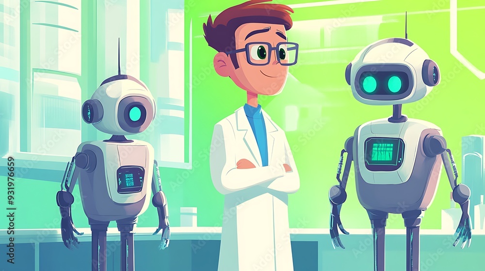 Aufkleber mad scientist and metallic robots in a colorful laboratory setting - vector cartoon illustration