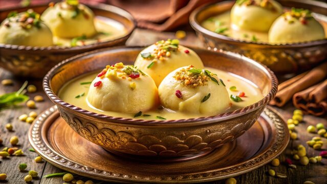 luxurious decadent Indian rasmalai macro shot rich creamy dessert soft golden lighting delicate pistachio garnish intricate design opulent atmosphere warm rich tones