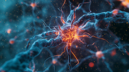 Nerve firing a signal. Synaptic transmission of nerve impulses in human brain. Medical science, education and biology concept. Neural communication, brain function. 