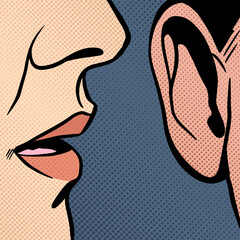 Lips and ear. Woman whispers secrets or gossip to man, detail, pop art comic vector illustration