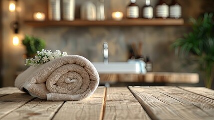 A wooden table with a spa towel placed on a blurred bathroom shelf backdrop