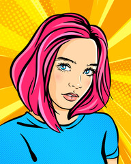 Beautiful girl with lagge blue eyes and pink hair, pop art portrait, vector illustration