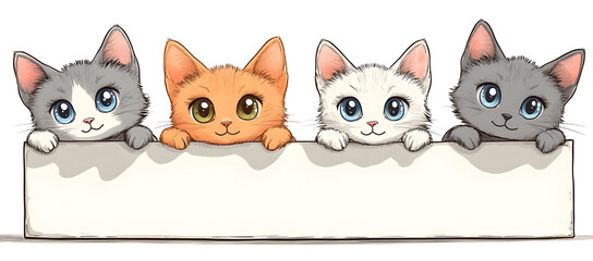Fototapeta premium Four adorable cartoon kittens peek over a blank sign, showcasing their playful expressions and unique colors.