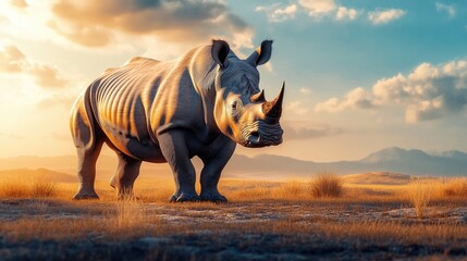 Fototapeta premium A majestic white rhino standing in the wild, showcasing the strength and endangered beauty of this powerful creature.