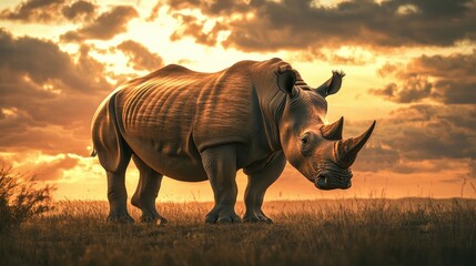 Fototapeta premium A majestic white rhino standing in the wild, showcasing the strength and endangered beauty of this powerful creature.