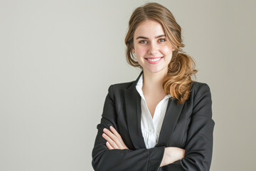 A woman in a business suit is smiling and posing for a photo