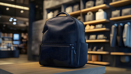 Stylish black backpack displayed on a wooden table in a modern retail store, showcasing its sleek design and craftsmanship.