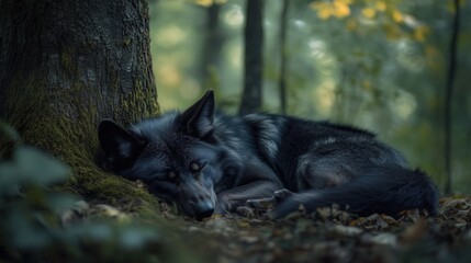 Fototapeta premium Black beautiful sleeping wolf in the forest under a tree