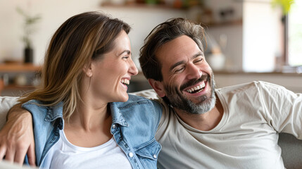 Fototapeta premium Joyful Middle Aged Couple Sharing Laughter on Cozy Sofa at Home