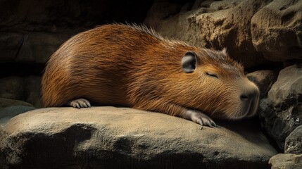 Cute sleeping capybara on a stone