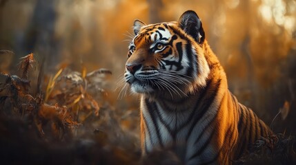 Naklejka premium A tiger in its natural habitat, blending power and grace, highlighting the importance of preserving endangered wildlife.