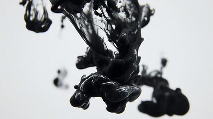 Elegance in Suspension - Detailed Black Ink Droplets in Slow Motion with Crisp Lighting on White Background