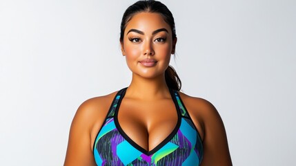 Smiling brunette teen fitness model with healthy skin and bright eyes, posing in a studio portrait