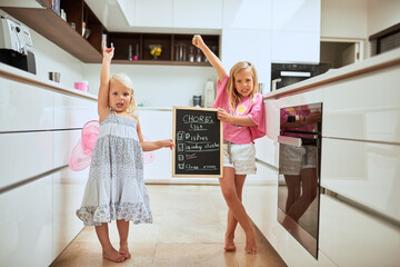 Children, chalkboard and portrait for chores in home, writing or reading for help, team or...