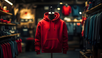 Obraz premium Stylish red hoodie displayed in a trendy retail store, showcasing modern fashion in a vibrant shopping environment.