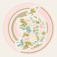 Fototapeta premium Ireland Round Poster. Typography style image of a country. Regions word clouds of Ireland. Vintage image design with scratch texture.