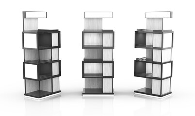 Retail modern display stands with wood texture and two cubic storage shelves. Trade show booth. 3d illustration on white background © Wire_man