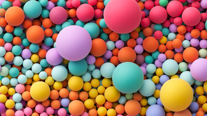 Many bright random pastel colored soft balls background. Colorful balls background for kids zone or children's playroom. Top view of huge pile of colorful balls in different sizes. Vector background