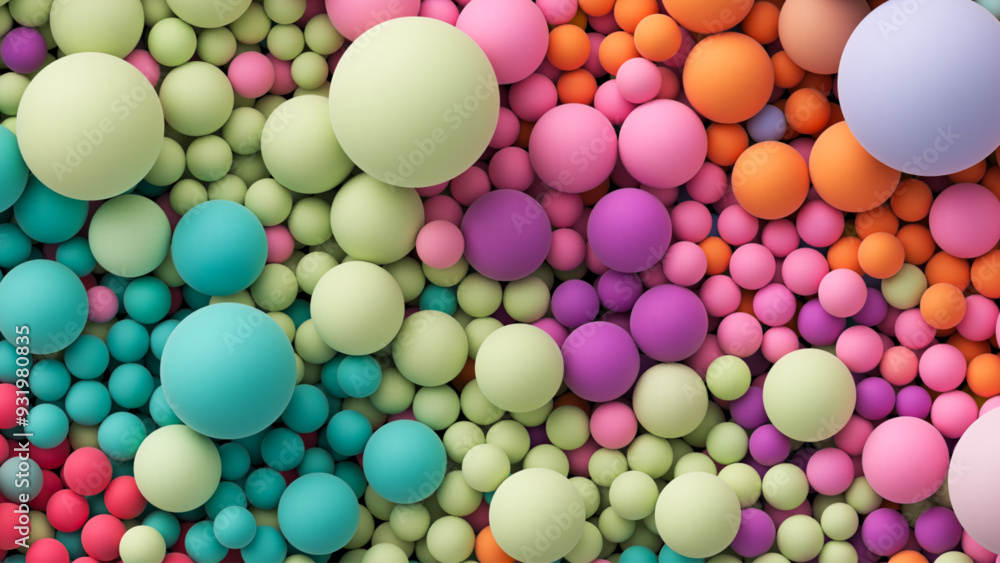Poster background with many colorful big and small random spheres. huge pile of colorful matte soft balls i
