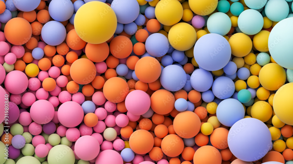 Poster colorful matte soft balls in pink orange yellow tones and different sizes. background with many colo