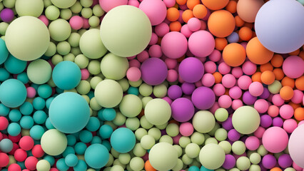 Background with many colorful big and small random spheres. Huge pile of colorful matte soft balls in different sizes. Top view of huge pile of colorful balls in different sizes. Vector background
