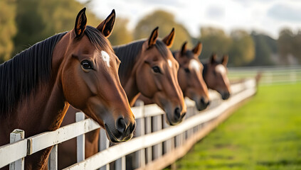 A group of horses standing together near a wooden fence in a serene landscape at sunset, showcasing their beautiful features.