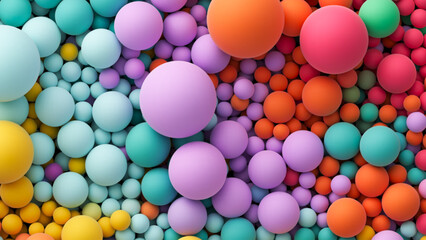 Background with many colorful big and small random spheres. Huge pile of colorful matte soft balls in different sizes. Top view of huge pile of colorful balls in different sizes. Vector background