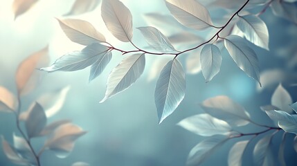 Delicate Branch of White Leaves Against a Soft Blue Background