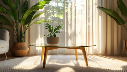 Bright living room with modern furniture, glass coffee table, and lush plants creating a relaxing atmosphere.