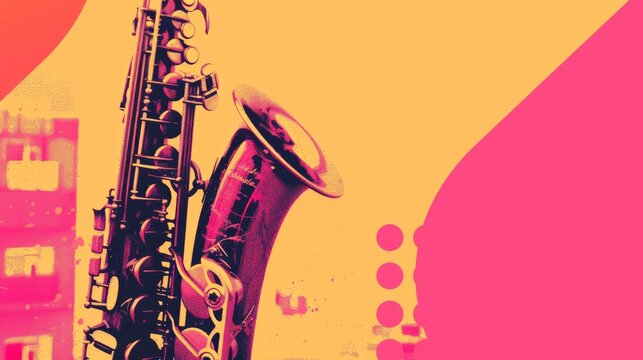 Jazzy Hues: A vintage saxophone takes center stage, its brass gleaming against a vibrant, abstract backdrop, capturing the soul and rhythm of jazz. 