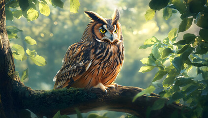 A majestic owl perched on a branch, surrounded by lush greenery and soft sunlight, capturing nature's beauty in vivid detail.