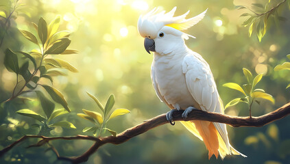 A stunning white cockatoo perched gracefully on a branch, surrounded by a vibrant, sunlit forest backdrop.