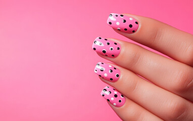 Close-up of a hand with stylish pink nails decorated with black and white polka dots, set against a bright pink background.