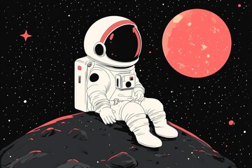 Astronaut Sitting on a Moon with Stars and Planets in the Background