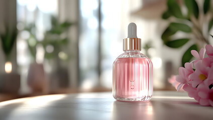 Elegant pink serum bottle on wooden table, surrounded by soft light and greenery, perfect for beauty and skincare presentations.