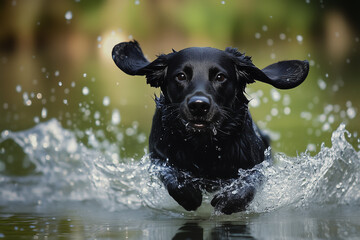 A playful black Labrador retriever joyfully runs through water, creating a dynamic splash. The dog's energetic movement captures the essence of fun and freedom in nature.