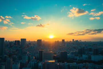 Fototapeta premium Captivating sunset over a bustling city skyline, highlighting the contrast between vibrant sky colors and urban architecture, creating a serene yet dynamic atmosphere.