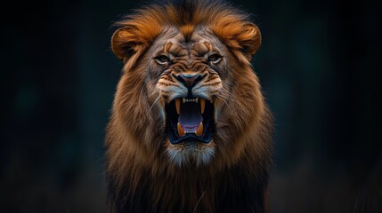 Fototapeta premium Portrait of a powerful male lion roaring in the dark