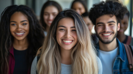 Fototapeta premium Close-up of cheerful young adults in a group setting, exuding happiness and diversity. Captures the essence of friendship and unity.