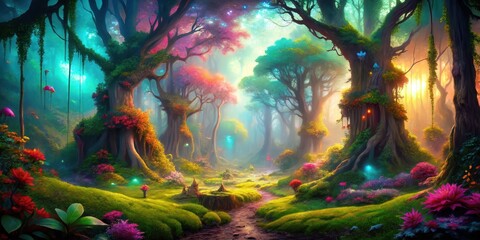 Fototapeta premium Enchanting forest with vibrant colors and mystical creatures, Magical, fantasy, forest, fairytale, whimsical, vibrant