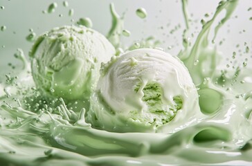 Obraz premium Fresh Pistachio Ice Cream Scoops Splashing