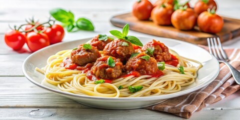 Spaghetti with meatballs in tomato sauce on a white plate, spaghetti, meatballs, tomato sauce, Italian cuisine