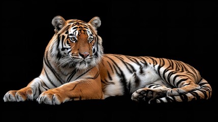 A solitary tiger resting on a dark background, Generative AI.