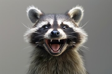Obraz premium Close-up of a Happy Raccoon with Open Mouth and Glowing Eyes in Natural Light
