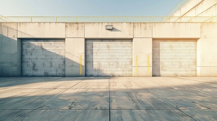 Sunny day with closed garage doors in vertical concrete forecourt