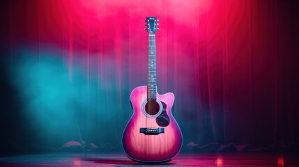 Acoustic guitar set on a neon background with pink and blue lights.
