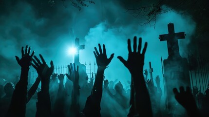 Zombies' hands reach up from graves in a cemetery, enveloped in mysterious blue mist under moonlight
